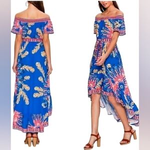 Flying Tomato Blue Floral High-Low Dress Size L Elastic Neck On/Off Shoulder
